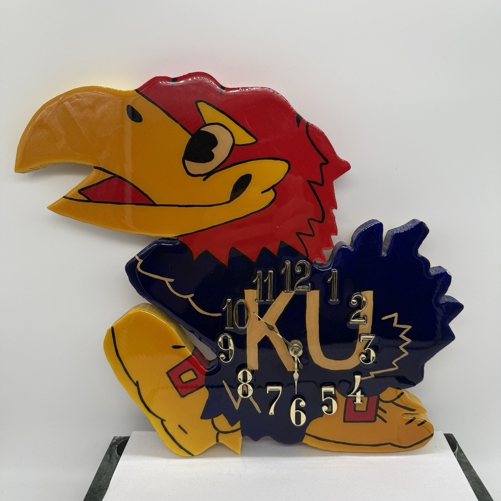 Kansas Jayhawks KU Wooden Wall Clock Hand Painted Decor Non Working